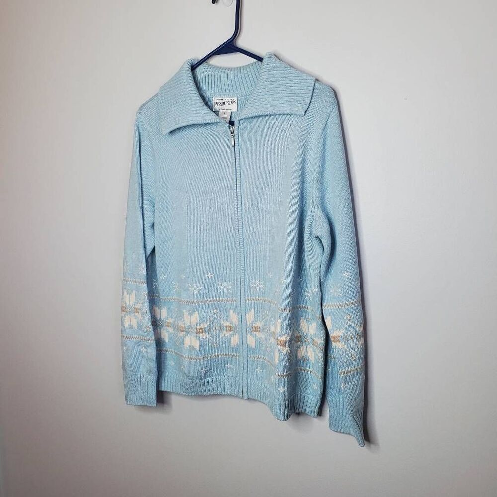 Pendleton L Zip Up Sweater L Baby Blue White Gray Snowflakes Winter
